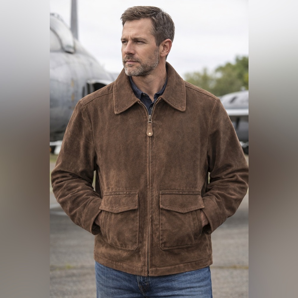 JLC Men’s Brown Suede Leather Bomber Jacket Zip Up Coat Size L
